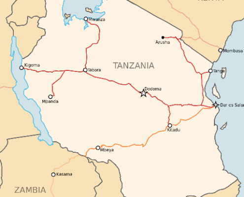 Train connections map of Tanzania