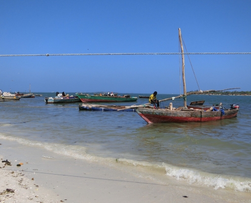 Typical fishing boats Zanzibar coast Indian Ocean