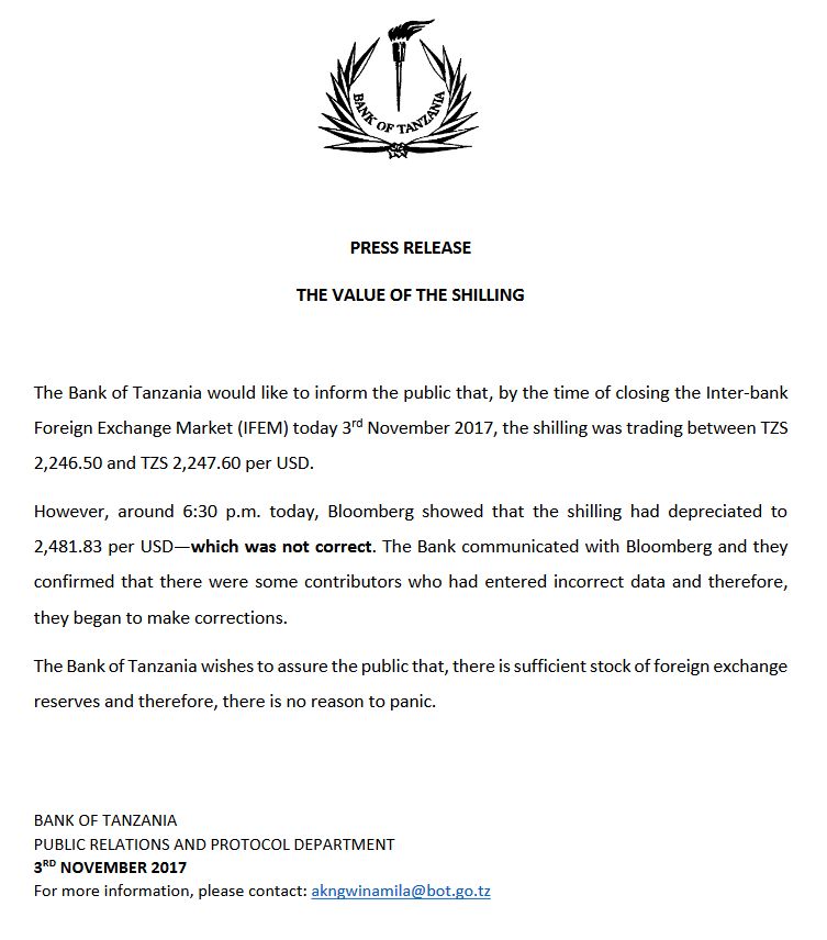 Bank of Tanzania Press Release