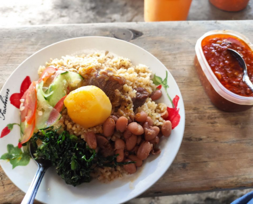 Simply the best Pilau in Arusha, served with extra spinach beans potato and chili sauce